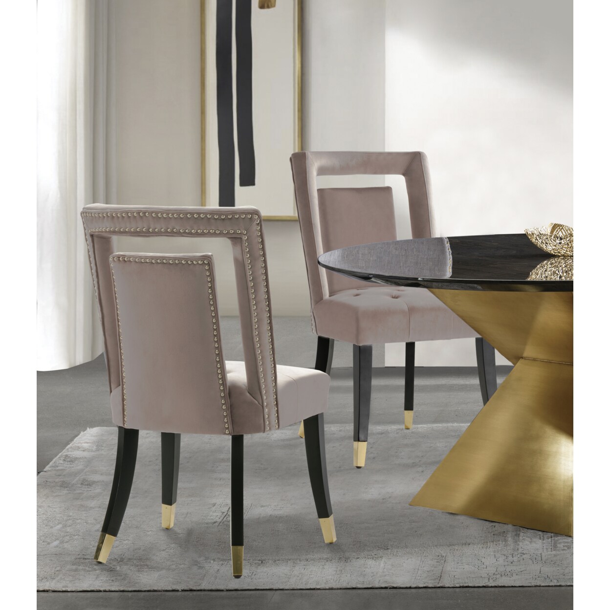 Iconic Home   Elsa Dining Side Chair Velvet Upholstered Nailhead Trim Seat Espresso Finished Gold Tip Tapered Wood Legs