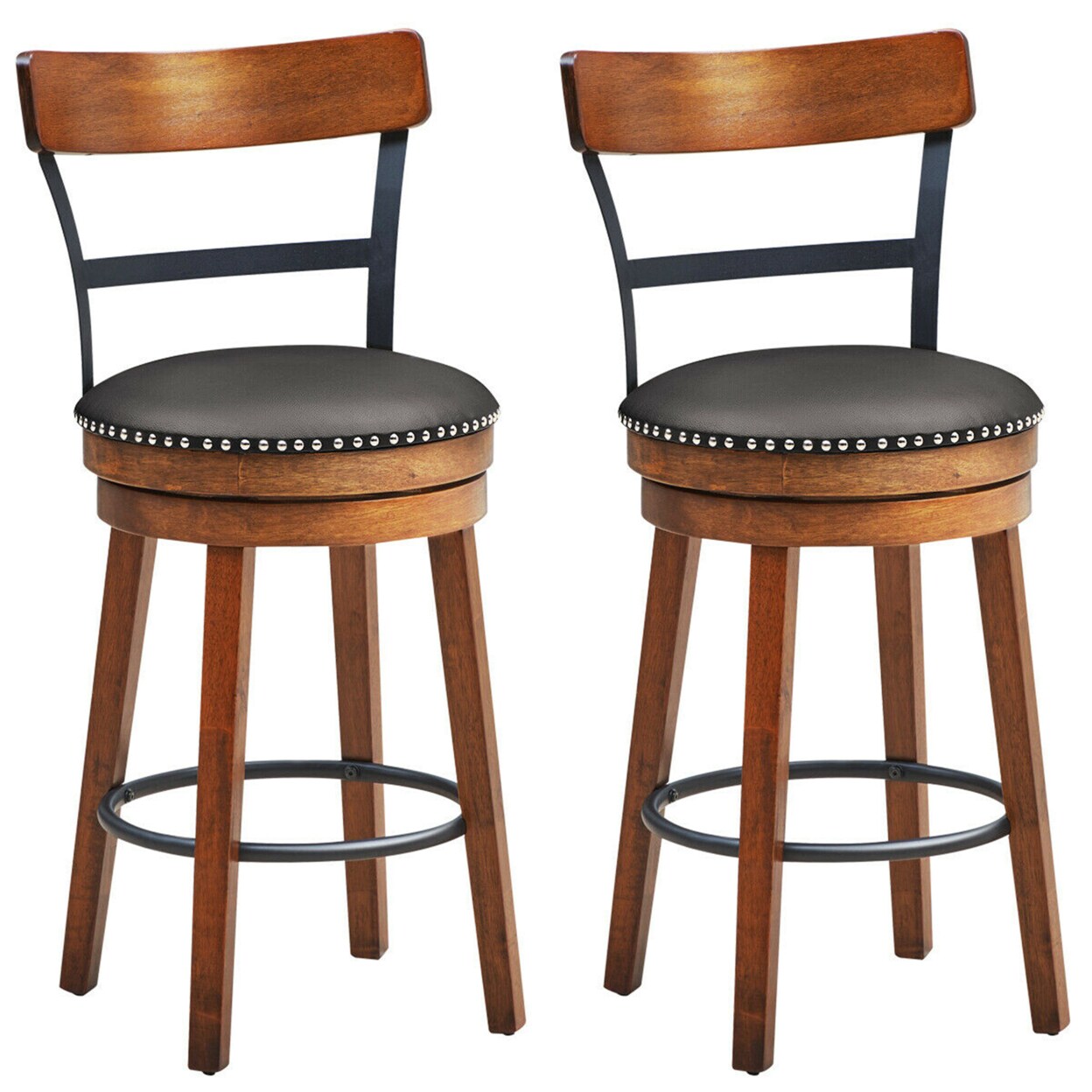 Gymax Set of 2 BarStool 25.5 Swivel Counter Height Dining Chair with Rubber Wood Legs