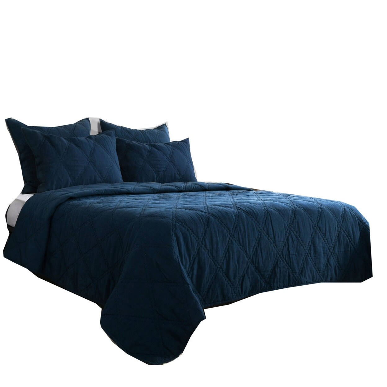 Saltoro Sherpi Hara Hand Quilted King Size Flax Linen Quilt with Polyester Fill, Dark Blue-