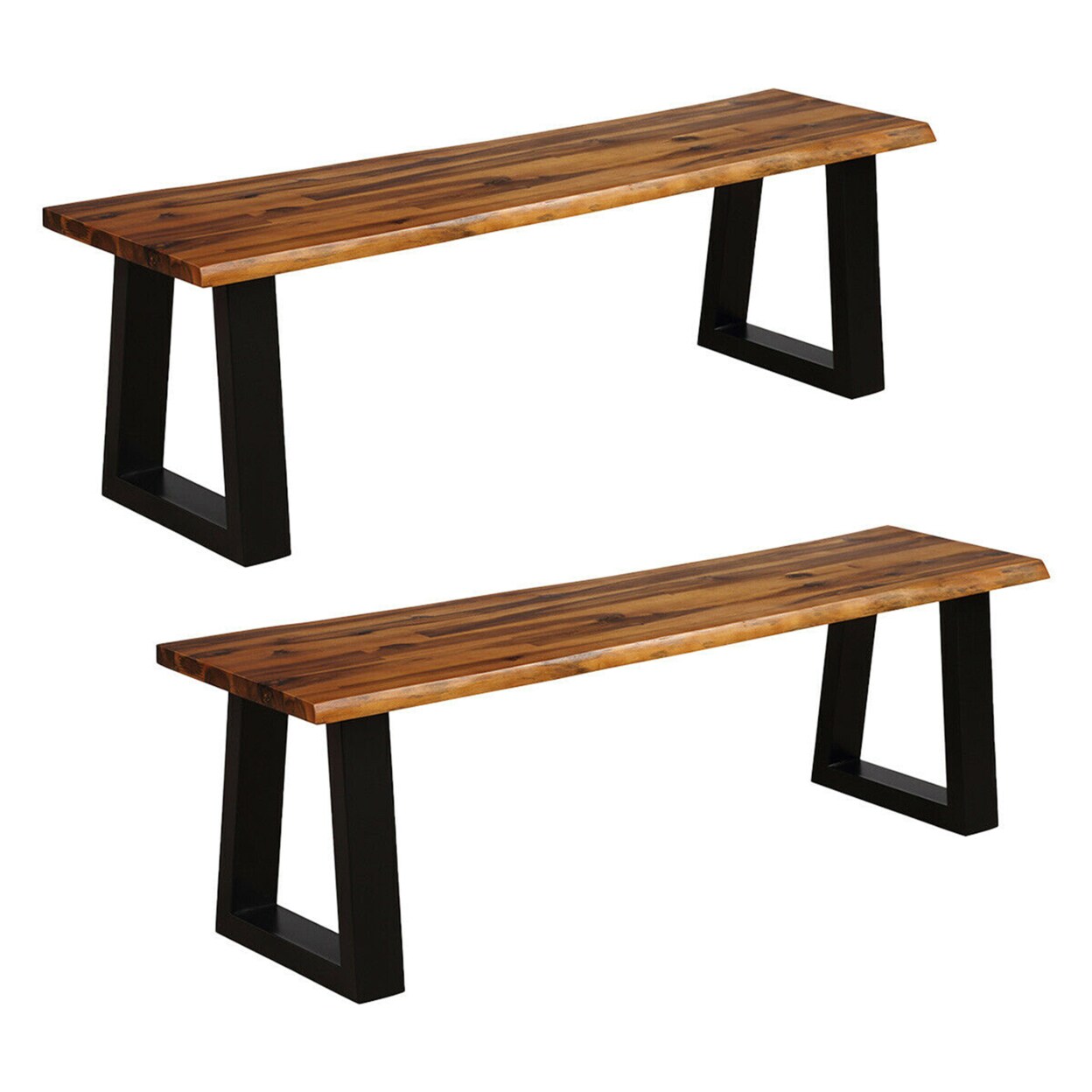 2 Pcs Solid Acacia Wood Patio Bench Dining Bench Outdoor W/Rustic Metal Legs