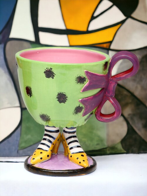 Ceramic Green Cup with Purple Bow on Yellow Heels, Home D&#xE9;cor, Gift for Her, Mom, Friend, or Coworker, Kitchen D&#xE9;cor, Office Decor