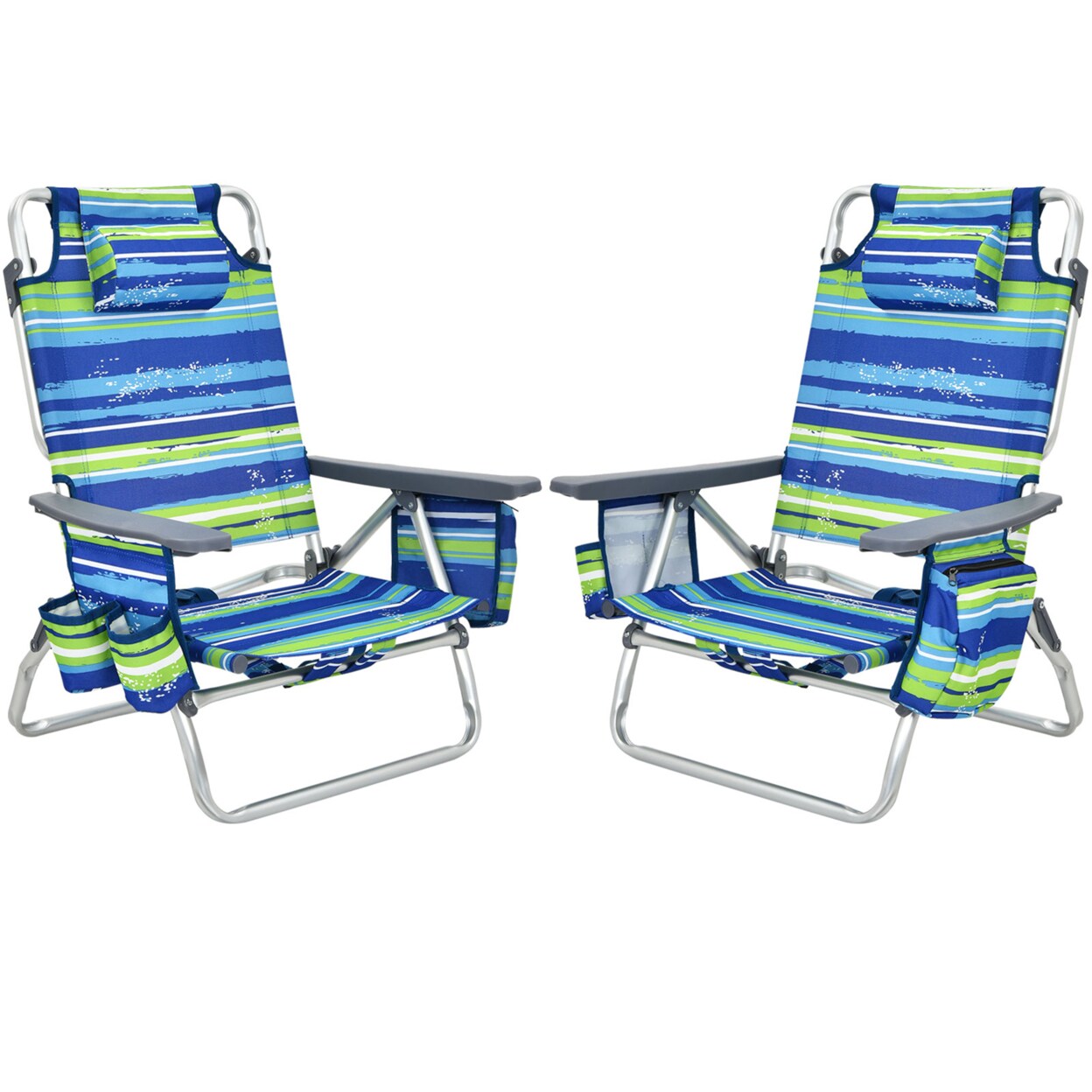 2Pcs Folding Backpack Beach Chair Reclining Camping Chair W/ Storage Bag