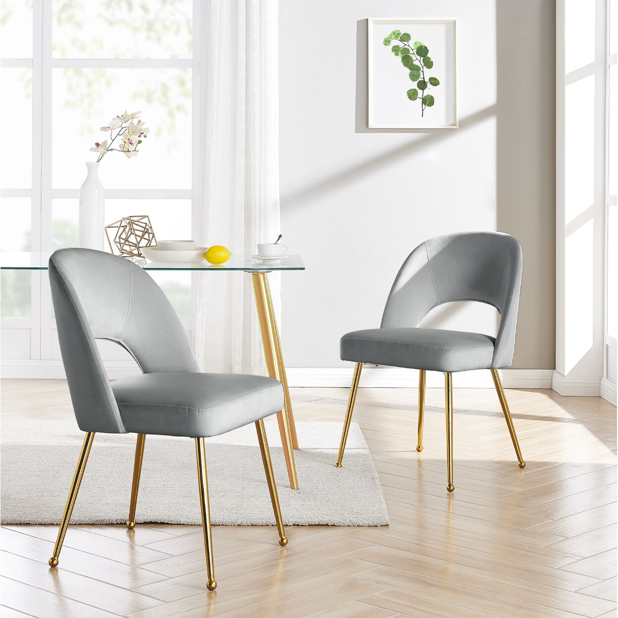 Iconic Home   Wilbourn Dining Side Chair Velvet Upholstered Open Back Design Gold Plated Solid Metal Legs (Set of 2)