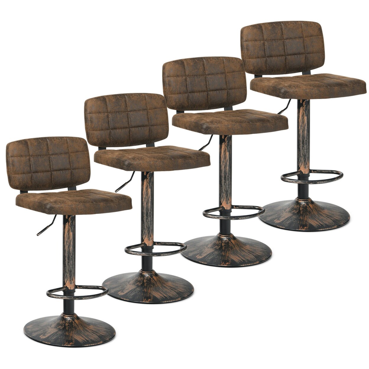 Gymax Set of 4 Adjustable Bar Stools Swivel Bar Chairs w/Backrest Retro Brown