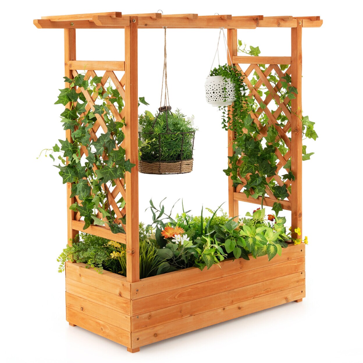 Raised Garden Bed Planter Box W/ Side And Top Trellis For Vine Climbing Plants