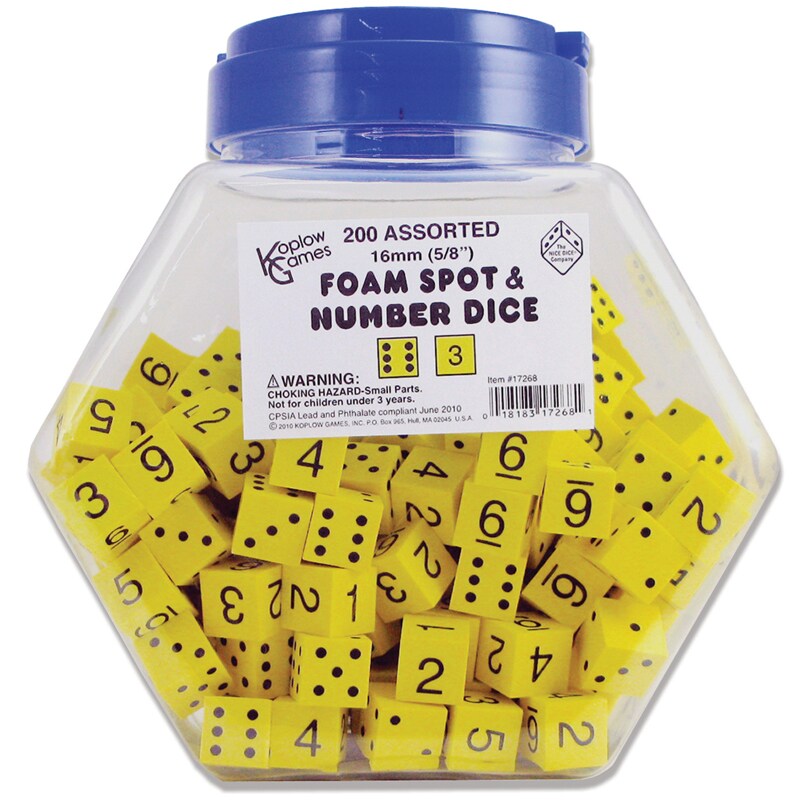 Foam Spot &#x26; Number Dice, Yellow, 16mm, Tub of 200