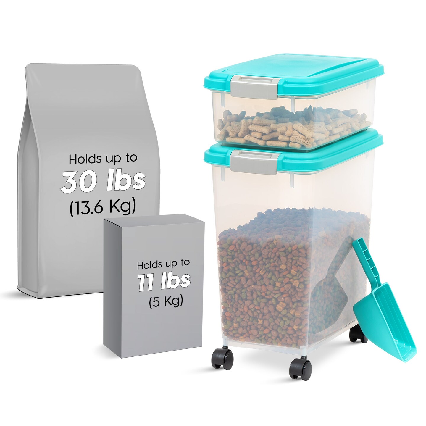 IRIS USA 30lbs+11lbs Airtight Pet Food Storage Container Combo with Scoop and Casters, up to 41lbs