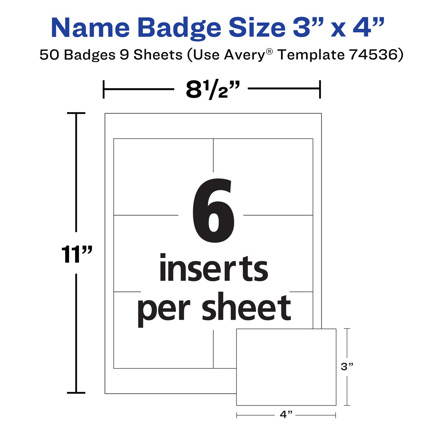 Avery Customizable Name Badges with Clips, 3" x 4", Clear Name Tag Holders with White Printable Inserts, 50 Clip Style Name Badges for Laser and Inkjet (74536)