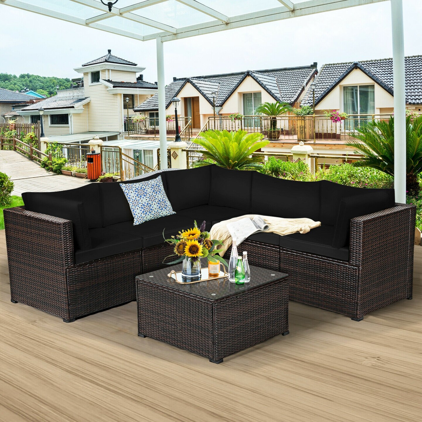 6 Pieces Patio Rattan Furniture Set Sectional Cushioned Sofa Deck
