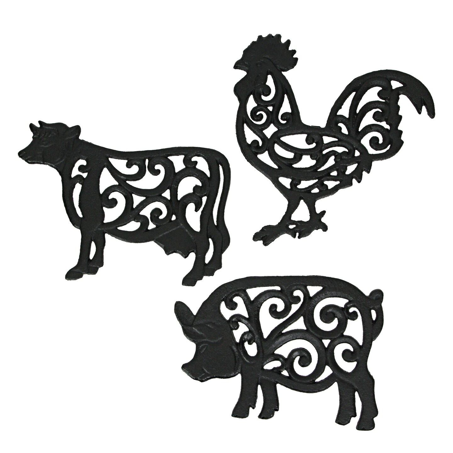 Set of 3 Cast Iron Farm Animal Kitchen Trivets Wall Hanging Art Rooster Cow Pig