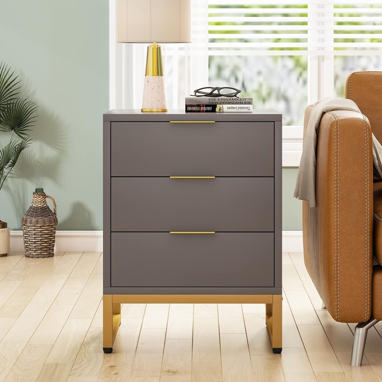 Tribesigns 3 Drawer Nightstand Modern Bedside Table White Gold Metal Frame
