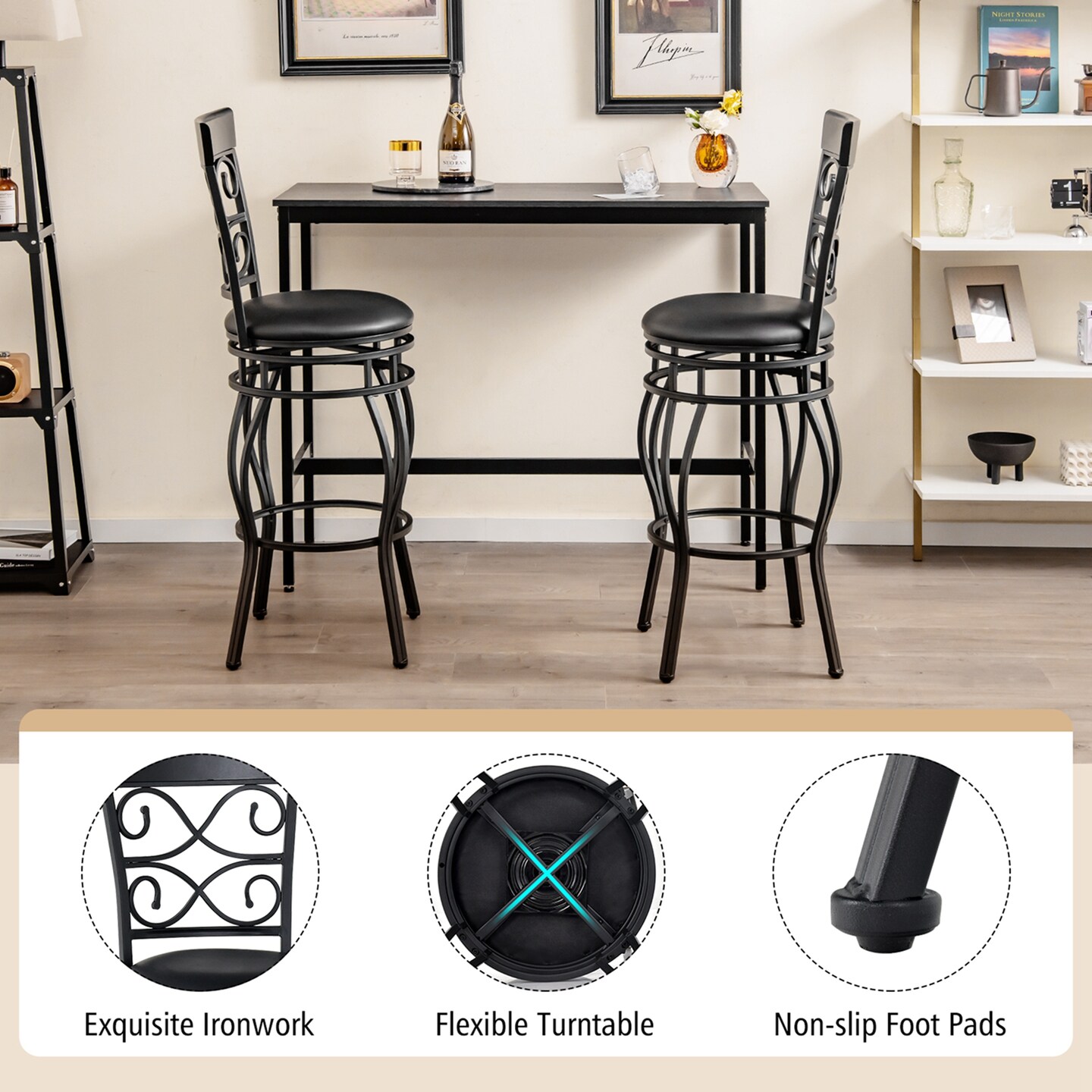 Costway Set of 2/4 Vintage Swivel Bar Stools 30&#x27;&#x27; Bistro Upholstered Dining Chairs Black