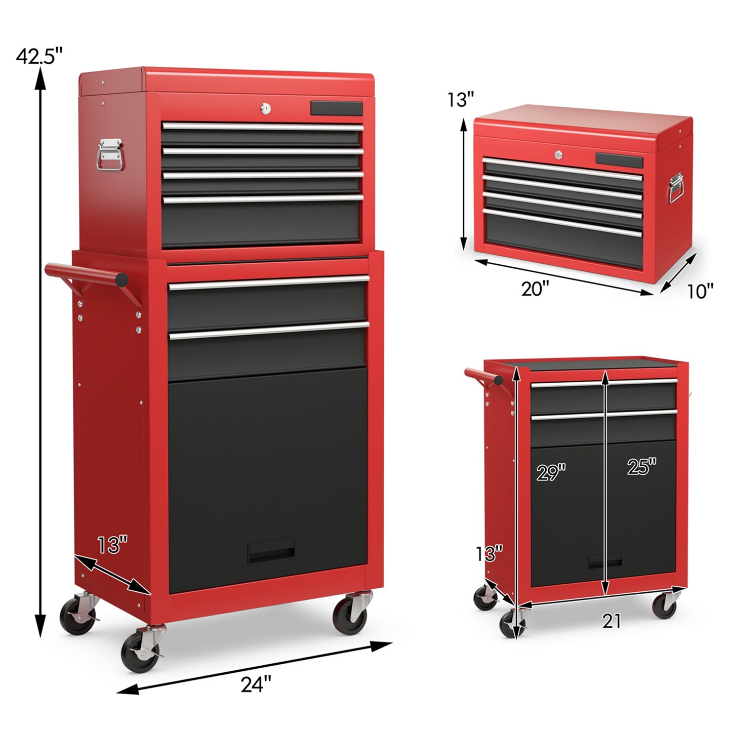 Costway 2 in 1 Rolling Cabinet Storage Chest Box Organizer w/ 6 Drawers BlackRed