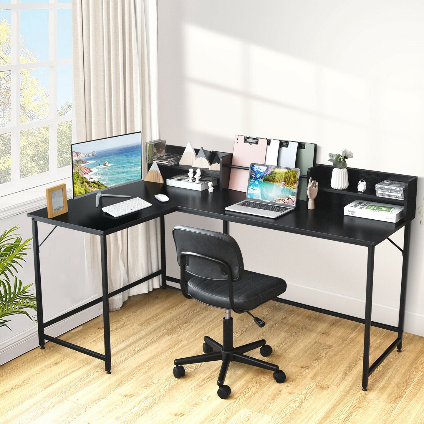 Costway 65.5&#x27;&#x27; L-shaped Computer Desk Home Office Corner Table w/Bookshelf