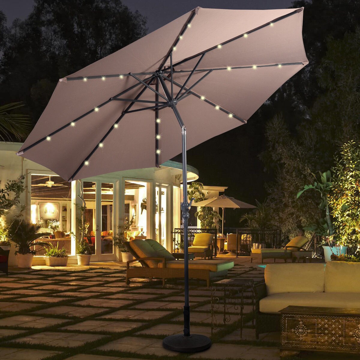 Costway 10ft Patio Solar Umbrella LED Patio Market Steel Tilt w/ Crank Outdoor (Tan)
