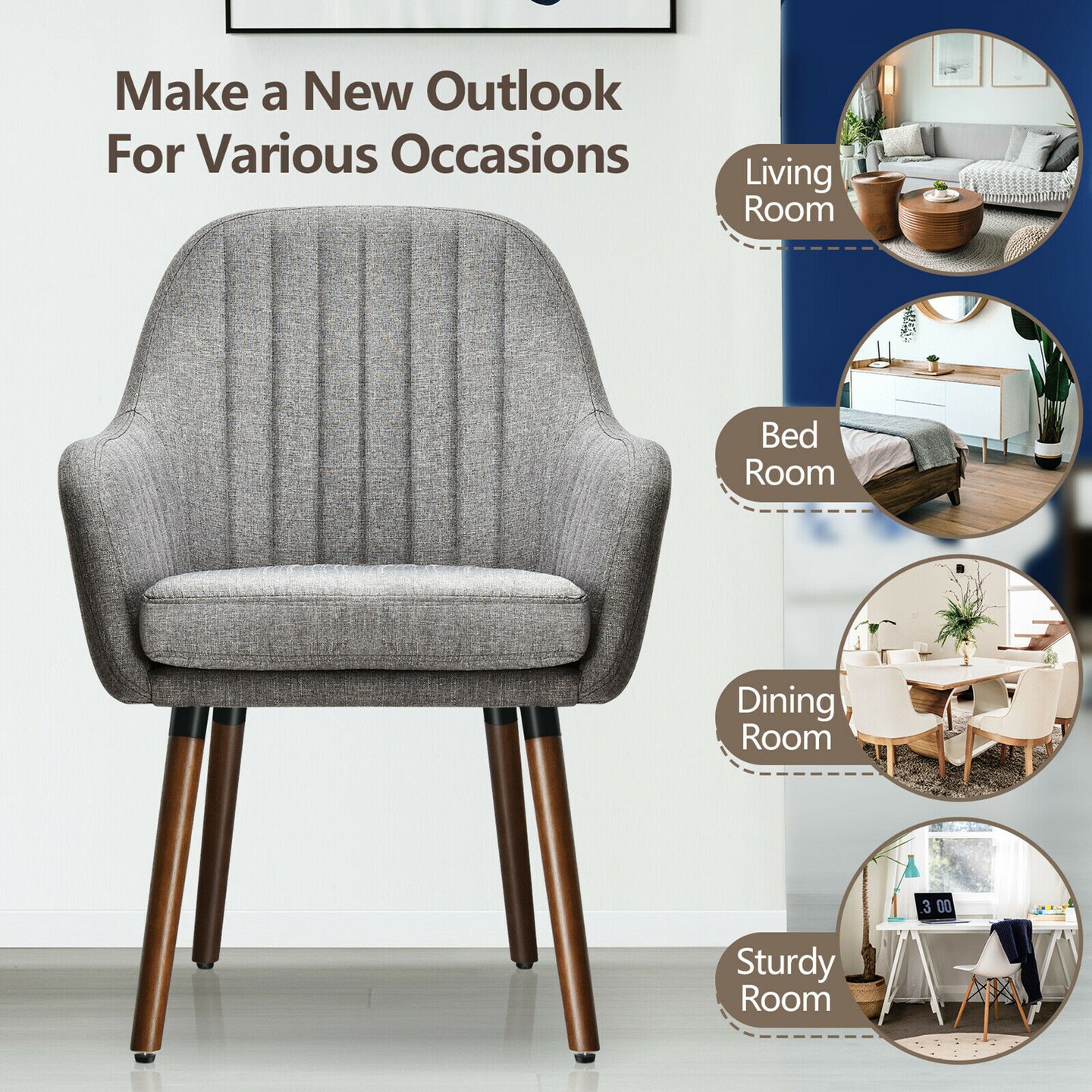Costway Set of 4 Accent Chairs Fabric Upholstered Armchairs w/Wooden Legs Beige/Gray