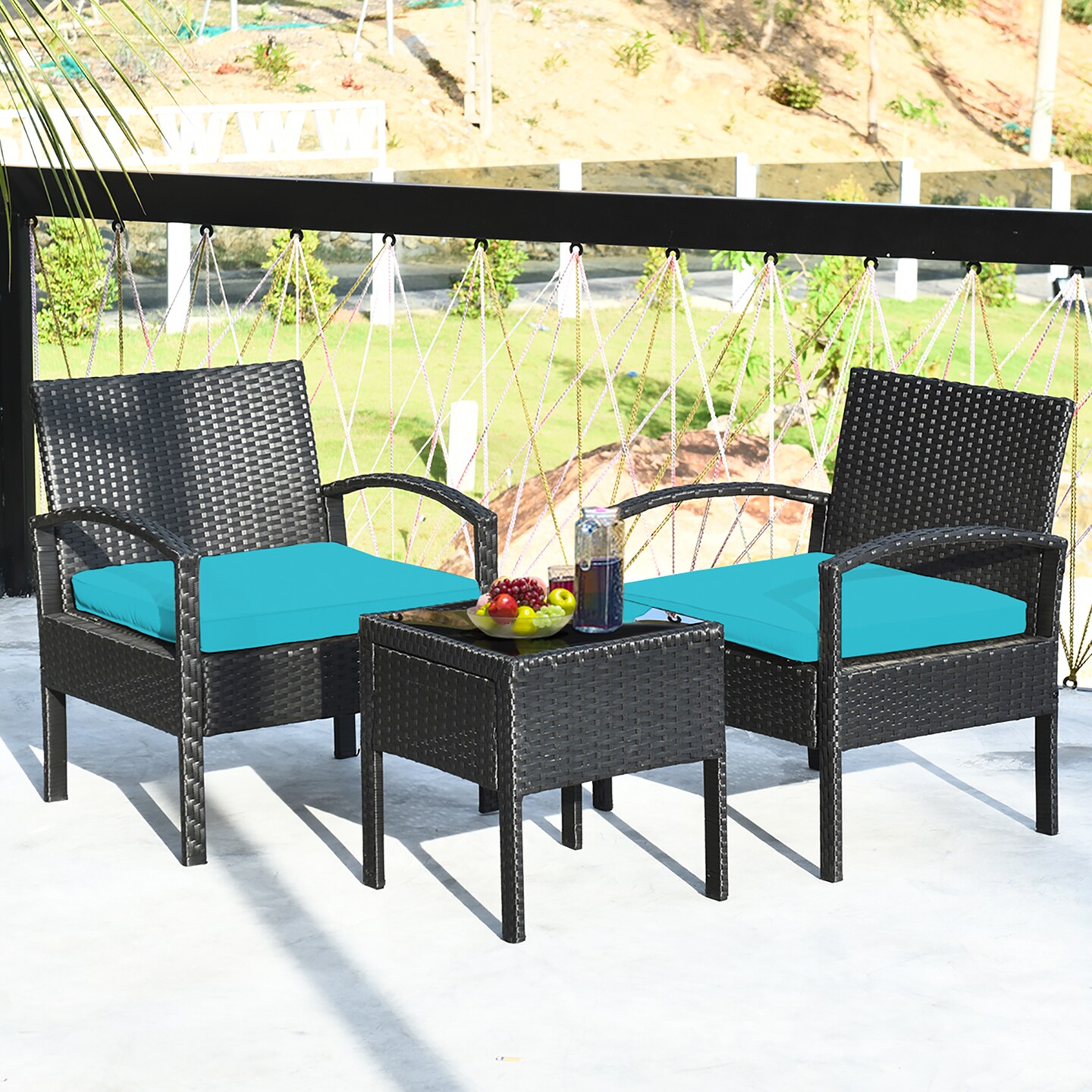 Costway 3PC Patio Rattan Furniture Set Coffee Table Conversation Sofa Cushioned