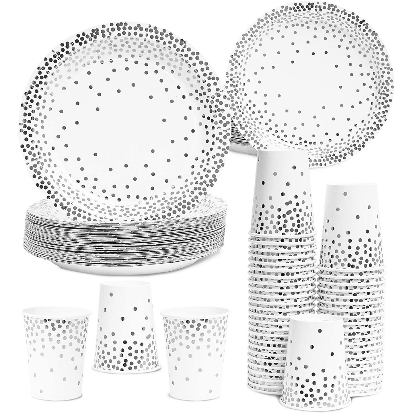 Serves 50 Silver Party Supplies - 150 Piece Disposable Paper Dinner Plates, Dessert Plates and Cups for Wedding, Birthday Party Table Decorations
