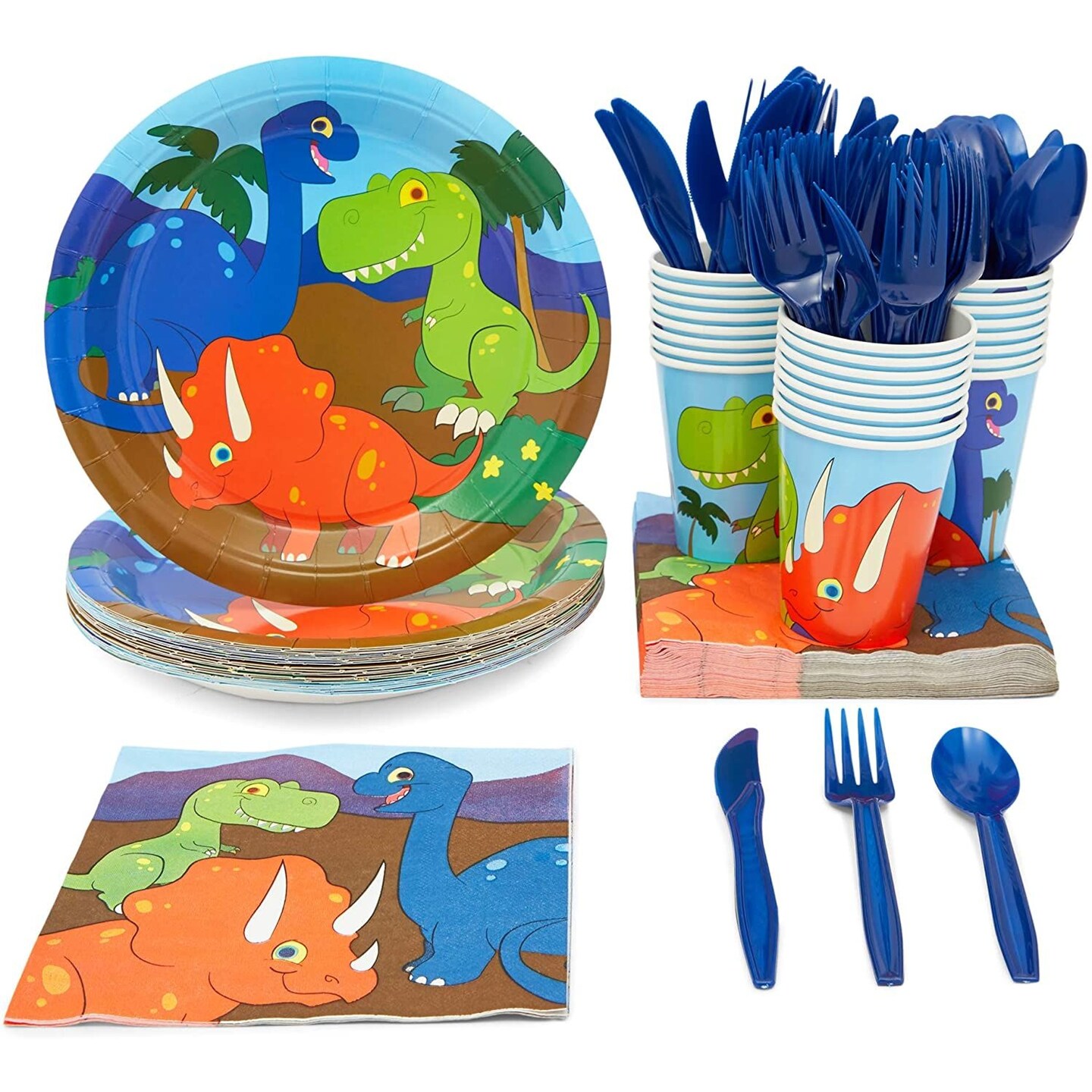 144 Pieces Dinosaur Birthday Party Supplies with Plates, Knives, Spoons,  Forks, Cups, and Napkins (Serves 24)
