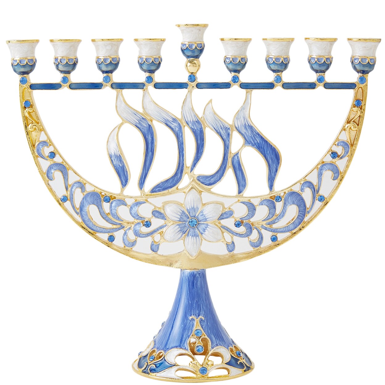 Matashi Hand Painted Enamel Menorah Candelabra W/ Flower And Hanukkah Design W/ Gold Accents And Crystals Jewish