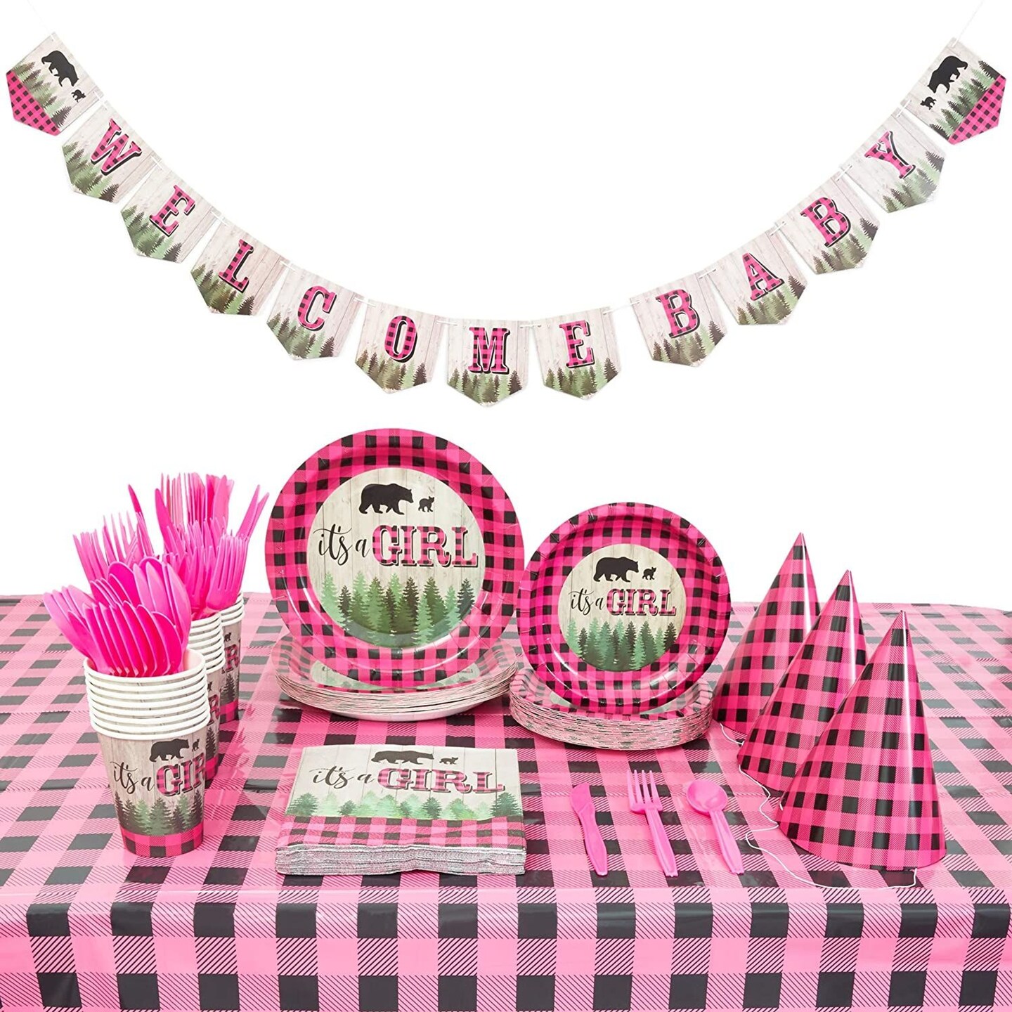 Buffalo Plaid It&#x27;s a Girl Baby Shower Pack, Dinnerware (194 Pieces, Serves 24)
