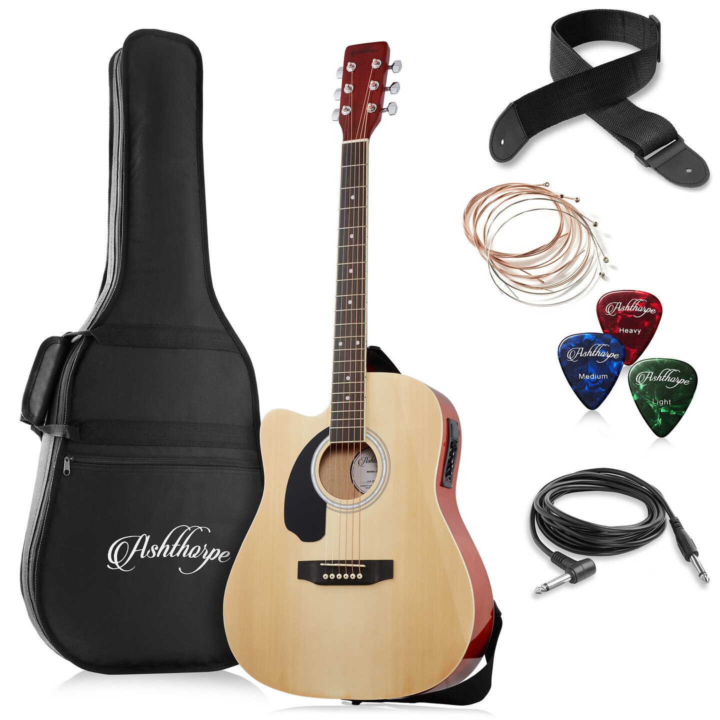 Ashthorpe Full-Size Left-Handed Dreadnought Cutaway Acoustic-Electric Guitar Bundle - Premium Tonewoods
