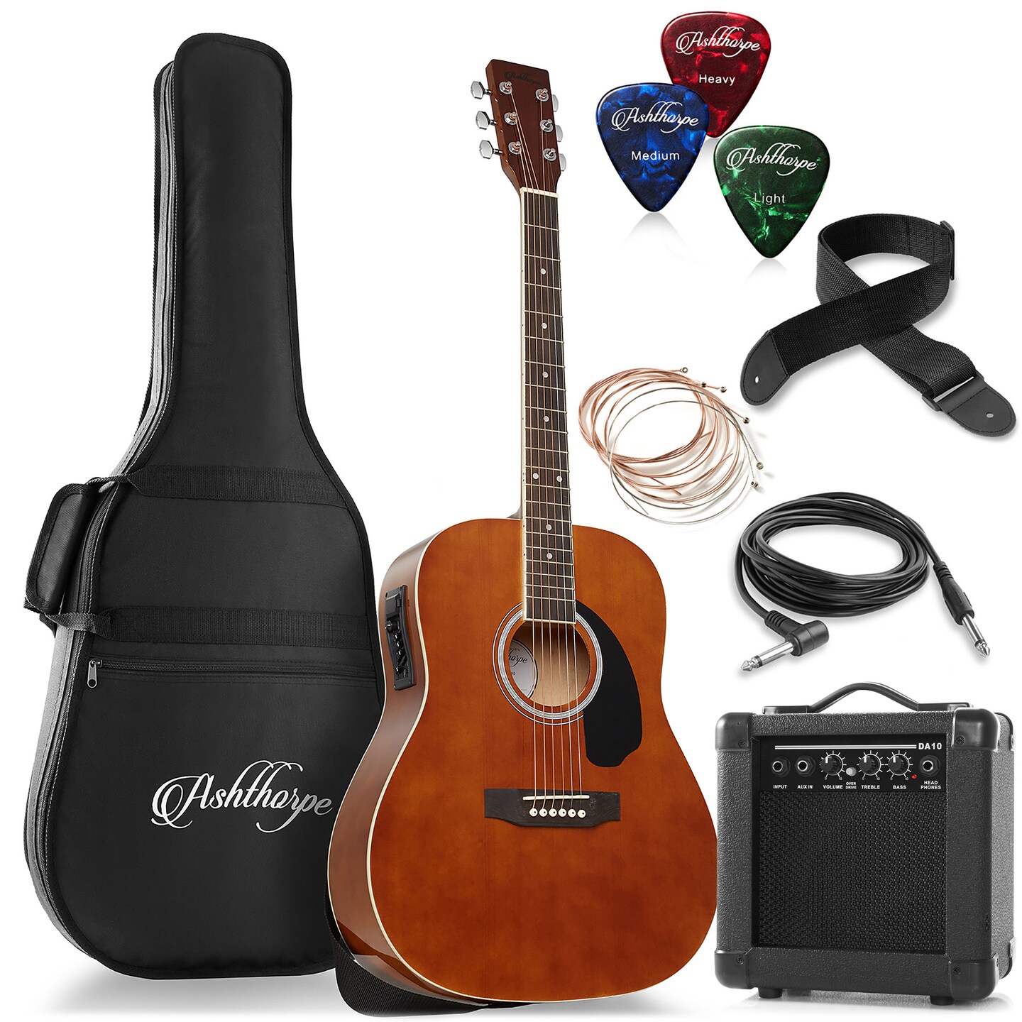Ashthorpe Full-Size Dreadnought Acoustic Electric Guitar Package with 10 Watt Amp