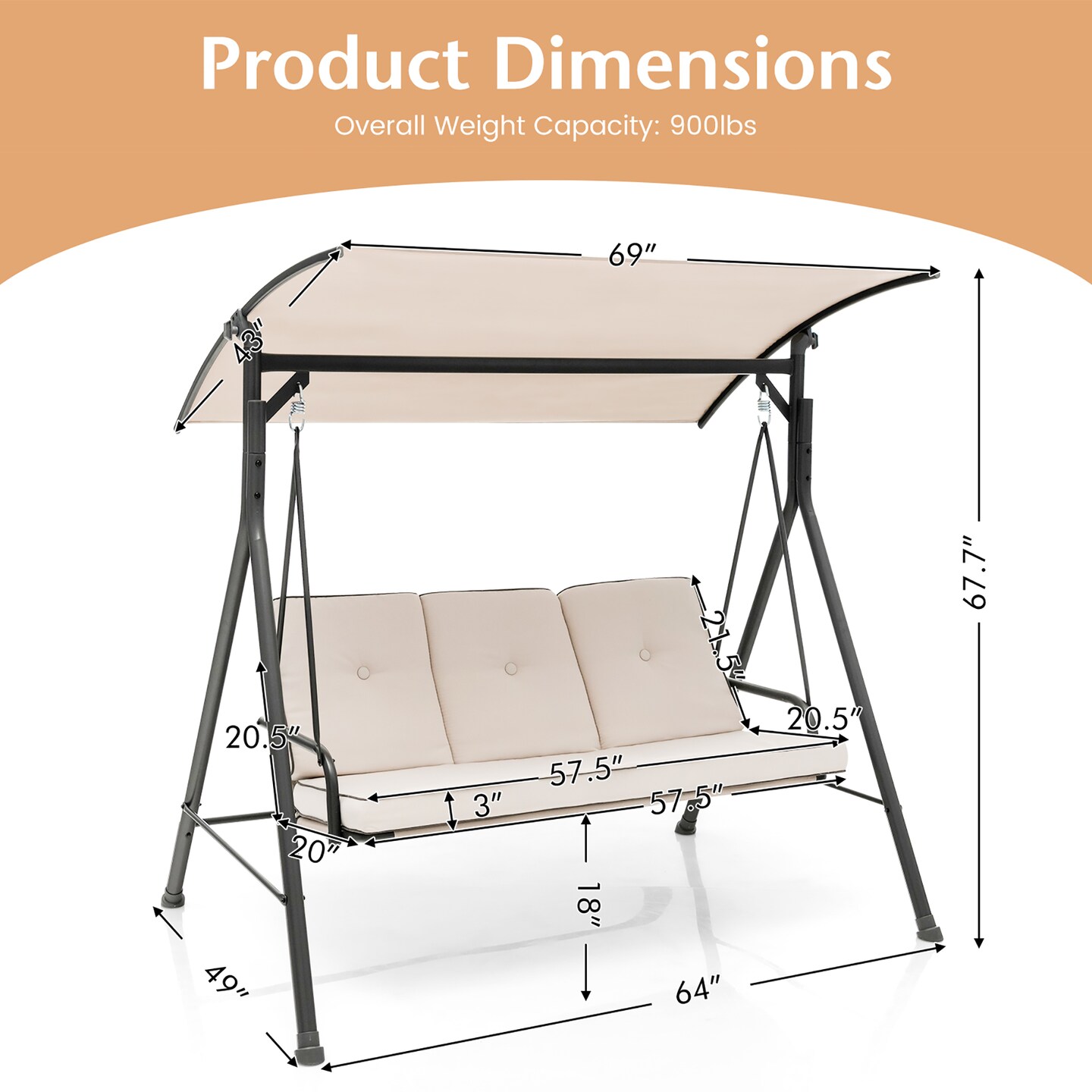 Costway 3-Person Hammock Chair Patio Porch Swing with Adjustable Canopy, Removable Cushion