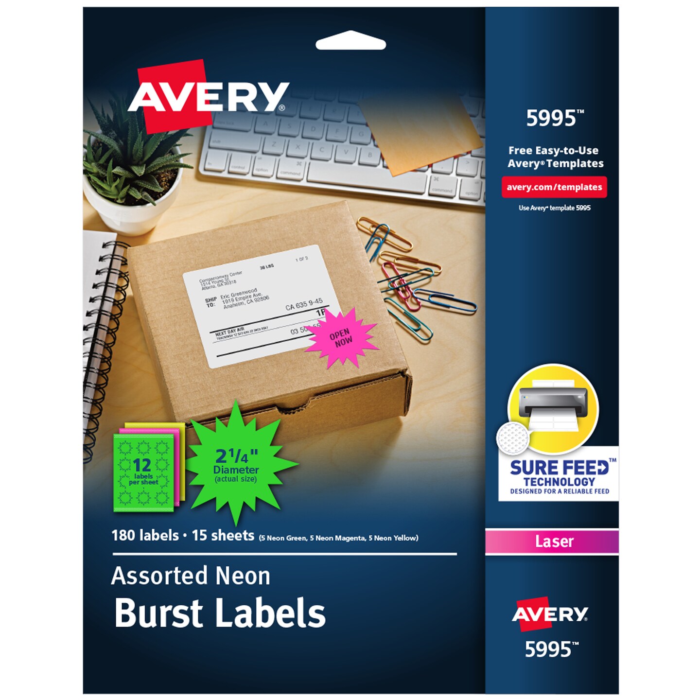 Avery Neon Address Labels with Sure Feed for Laser Printers, 2-1/4&#x22;, Assorted Colors, 180 Burst Labels (5995)