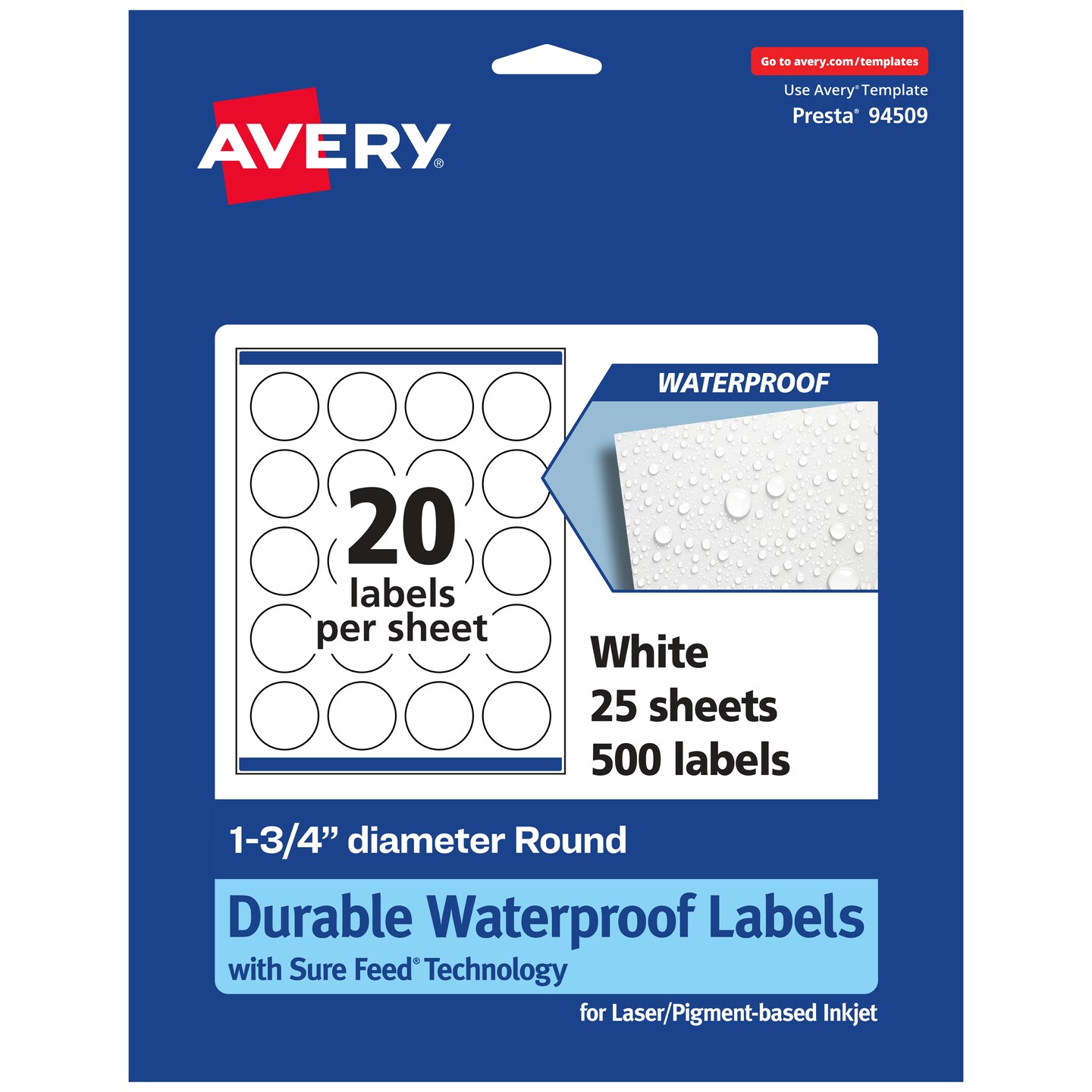 Avery Durable Waterproof Round Labels with Sure Feed, 1.75" diameter