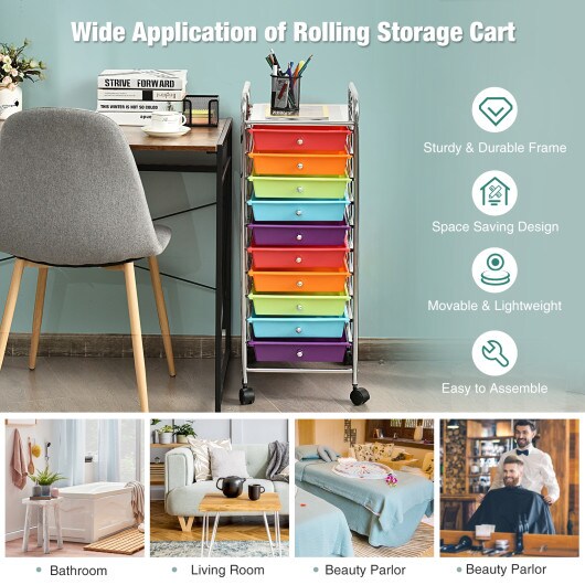 10 Drawer Rolling Storage Cart Organizer with 2 Lockable Casters