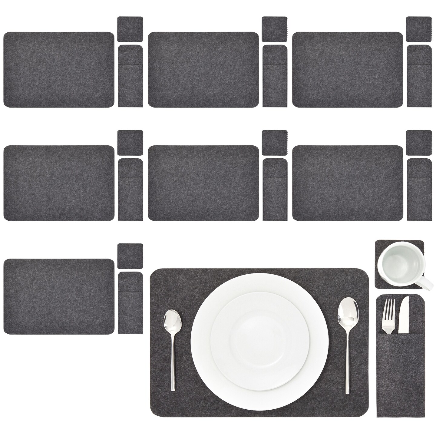 Felt Table Placemats Set of 8 for Dining Table and Kitchen Decor with Drink Coasters and Cutlery Pouches (Gray, 24 Pieces)