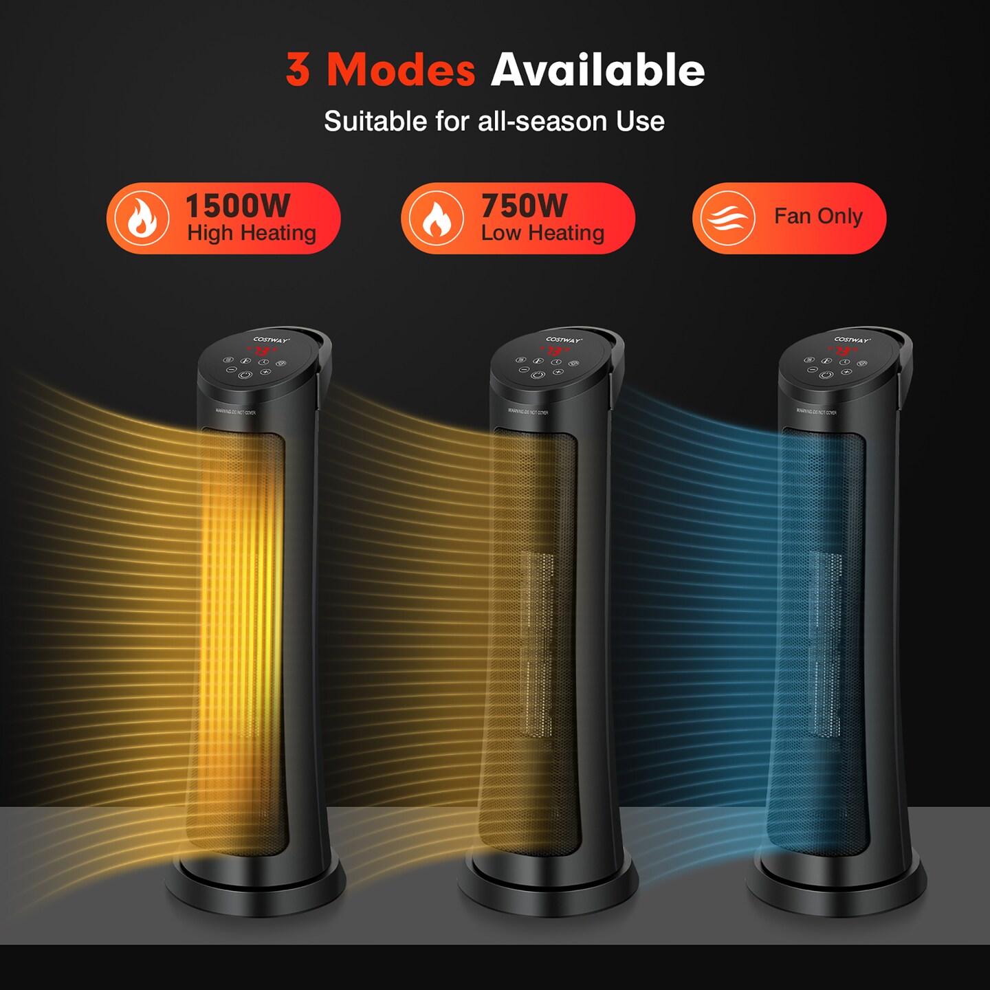 Costway 1500W Portable Electric PTC Heater Swing Space Heater w/ 24H Timer &#x26;Thermostat