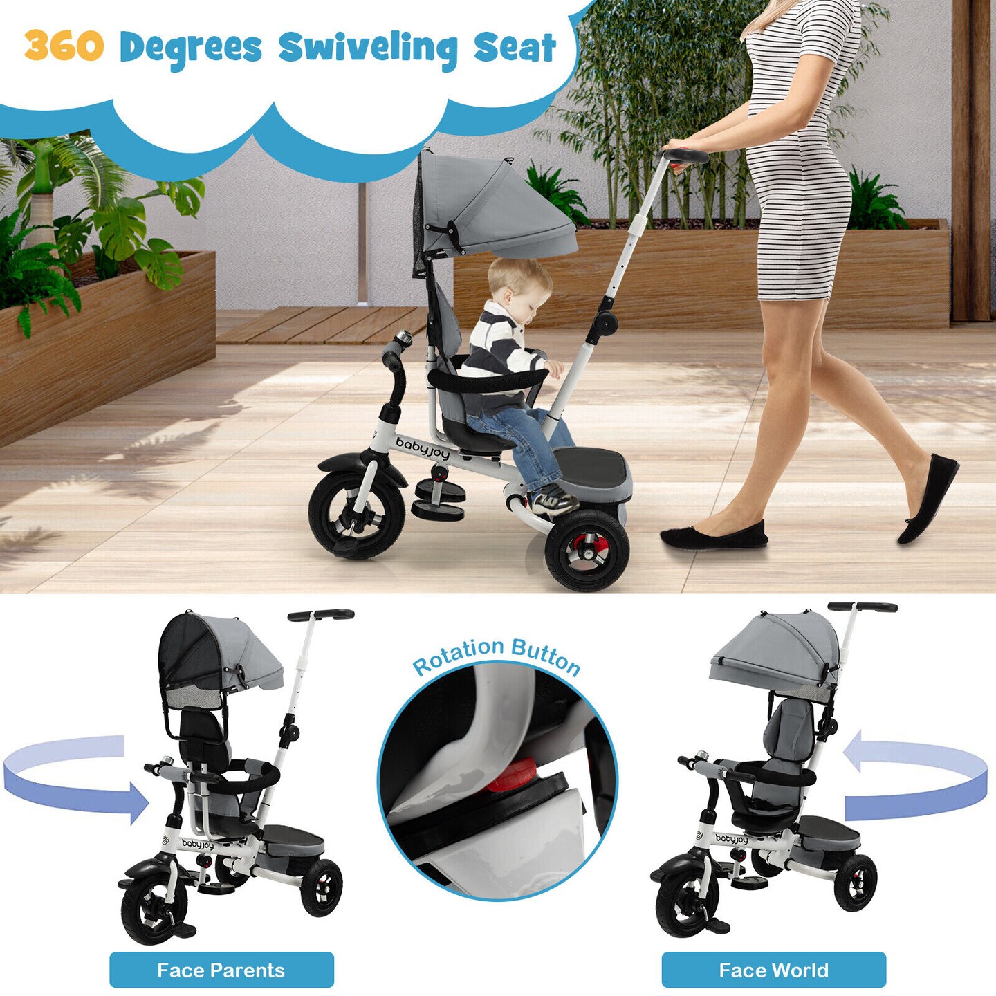 Folding Tricycle Baby Stroller with Reversible Seat and Adjustable Canopy