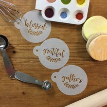Grateful, Blessed and Gather Cookie Stencil | C993 by Designer Stencils | Cookie Decorating Tools | Baking Stencils for Royal Icing, Airbrush, Dusting Powder | Reusable Plastic Food Grade Stencil for Cookies | Easy to Use &#x26; Clean Cookie Stencil