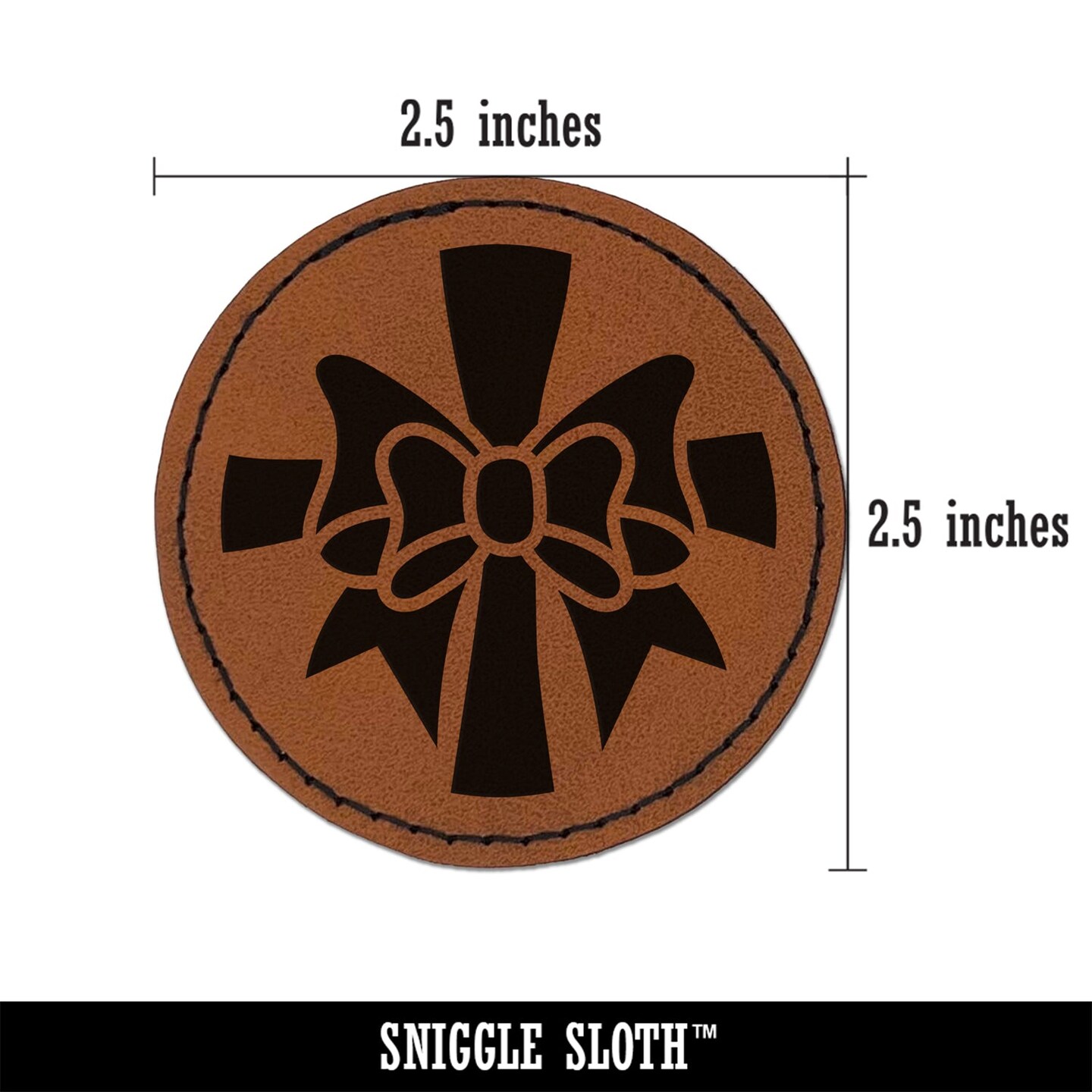 Ribbon on Package Round Iron-On Engraved Faux Leather Patch Applique - 2.5&#x22;