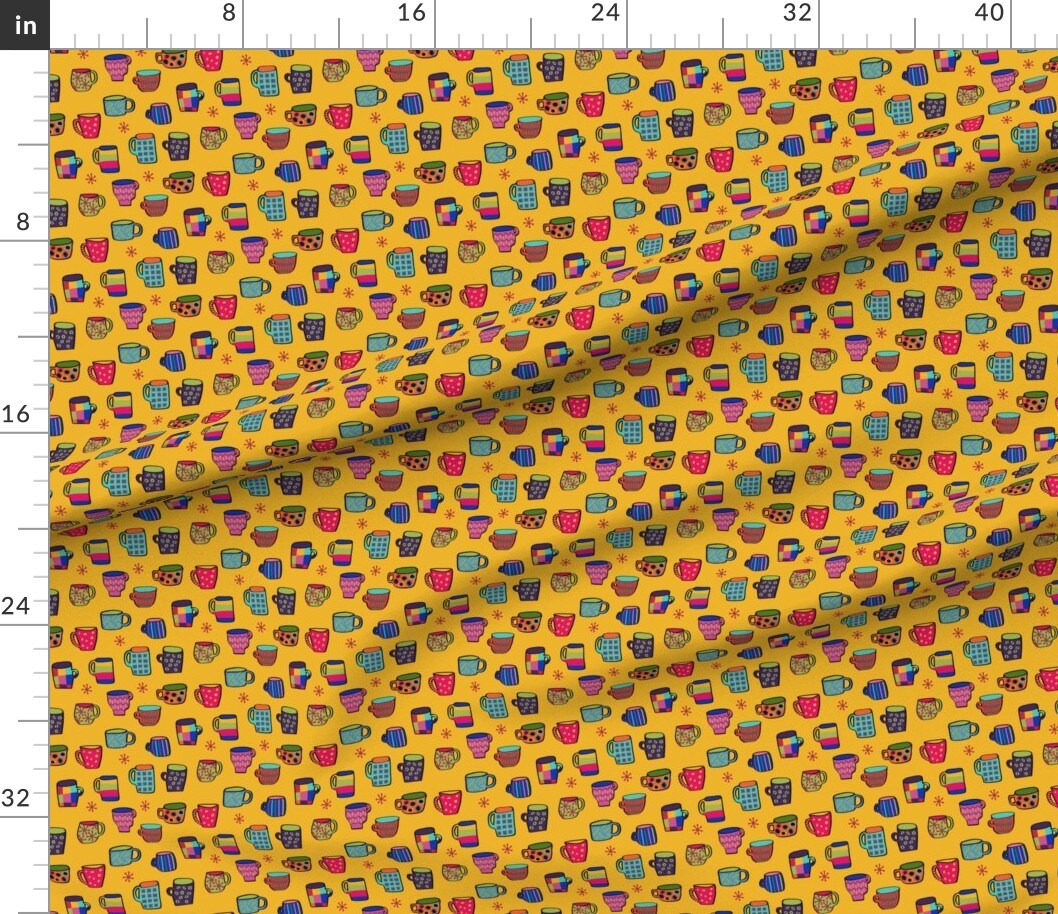 Various Fabrics by the Yard or Fat Quarter Yellow Whimsical Small Scale Kitchen Mug Coffee Cup Kitsch Tea Lover Custom Printed Fabric by Spoonflower