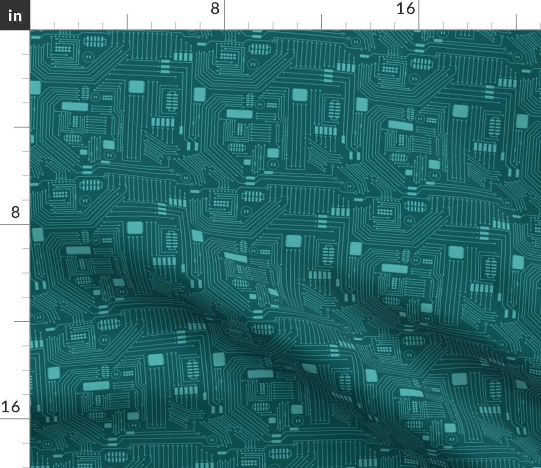 Modern Tech Motherboard Technology Retro Abstract Teal Computer Geometric Small Scale Custom Printed Fabric by Spoonflower Various Fabrics by the Yard or Fat Quarter