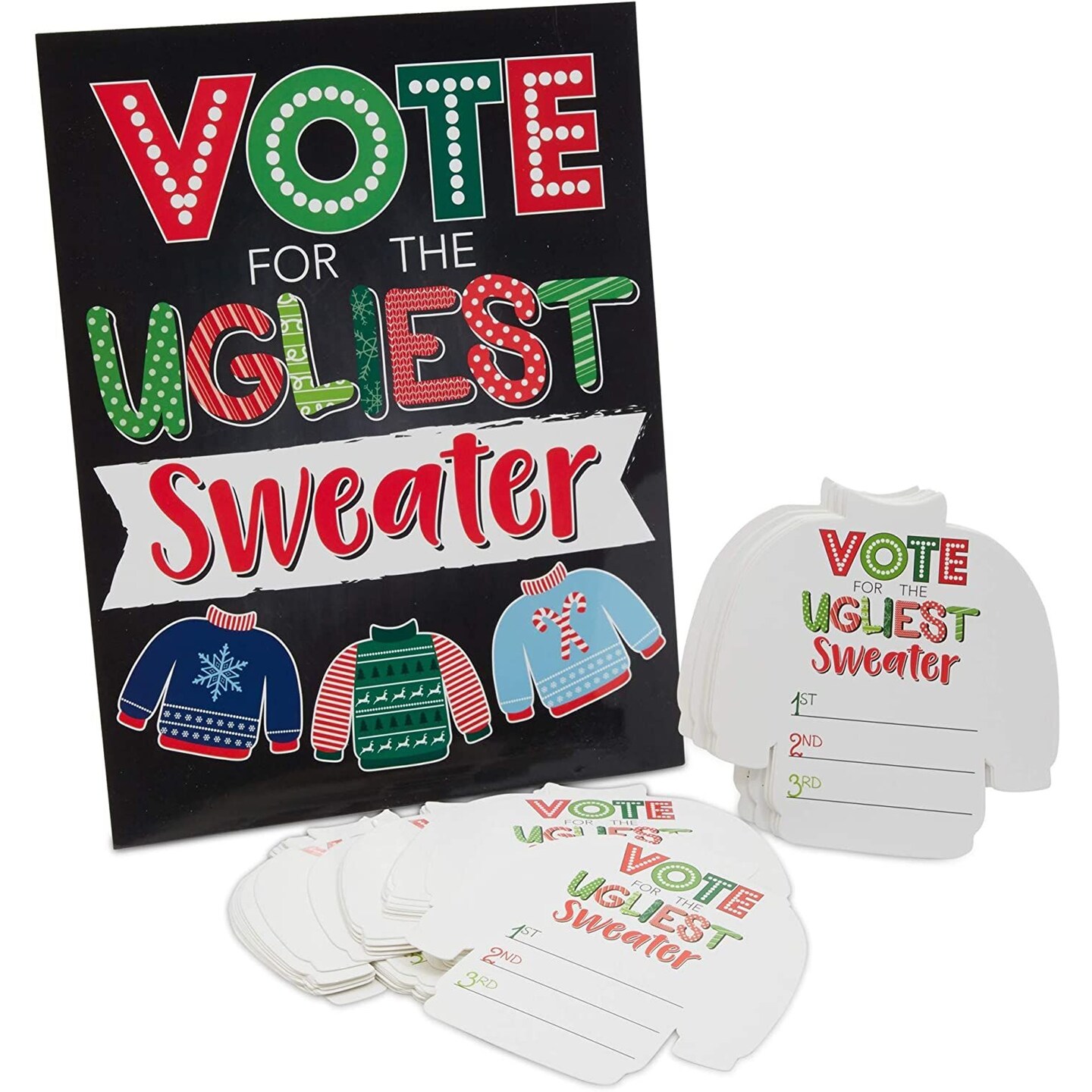 51 Piece Ugly Christmas Sweater Contest Ballot Voting Cards with Table Sign, Fun Christmas Party Games and Decorations