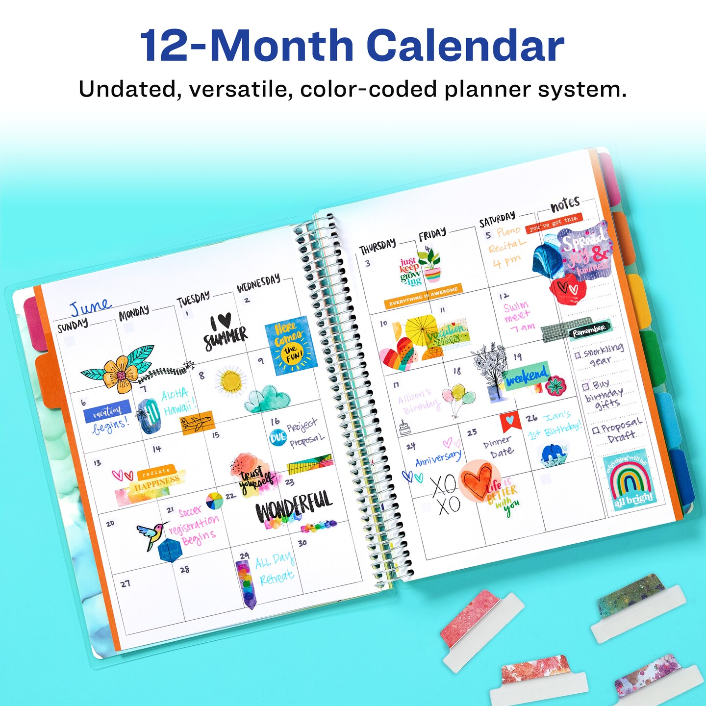 Avery + Amy Tangerine Designer Collection Planner, Undated 12-Month Planner with Stickers, 8.25&#x22; x 9.75&#x22;, Watercolor Inkblot Design (29881)