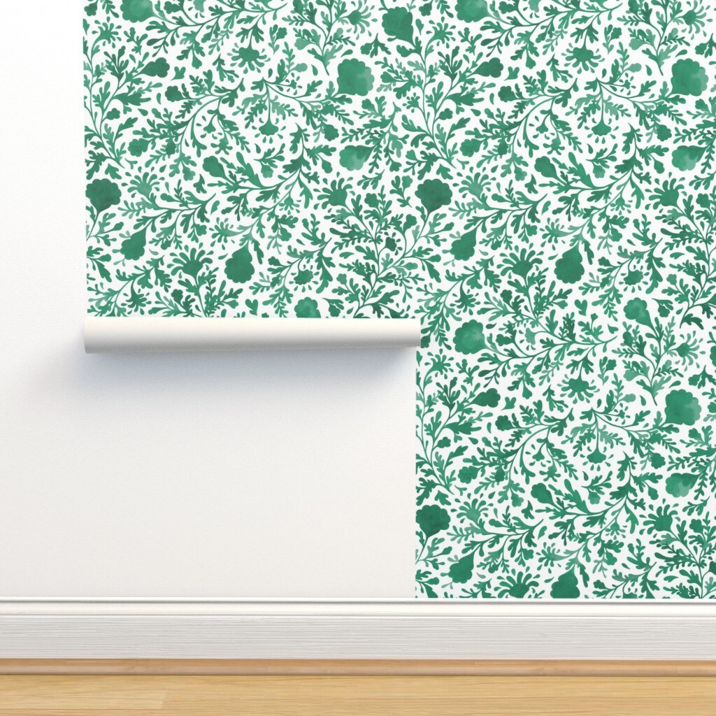 Botanical Floral Jade Green White Vintage Emerald Large Scale Custom Removable Wallpaper by Spoonflower Peel & Stick Wallpaper 2FT Wide