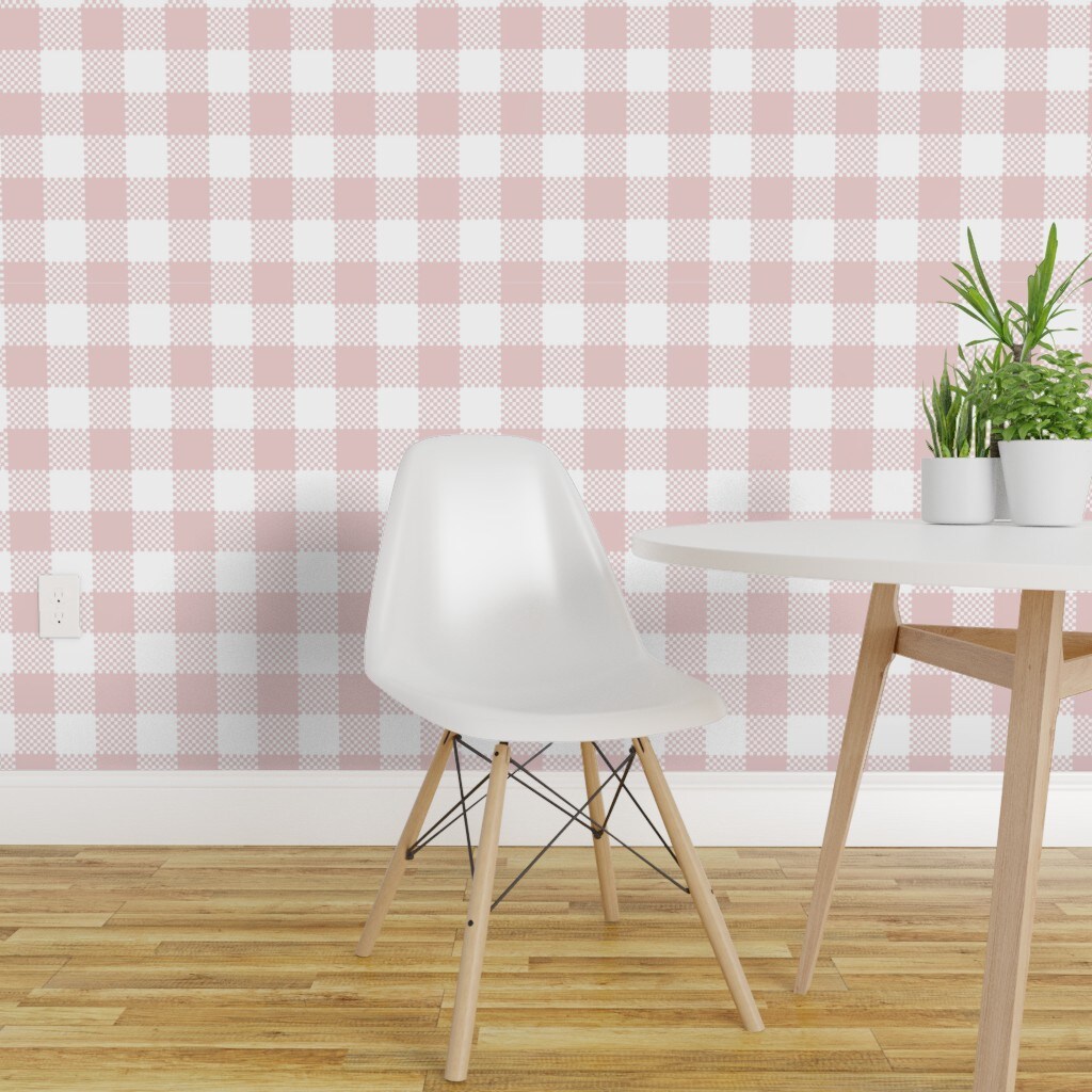 Pre-Pasted Wallpaper 2FT Wide Soft Blush Check Buffalo Pastel Light Pink Spring Summer Cottagecore Feminine Plaid Custom Pre-pasted Wallpaper by Spoonflower