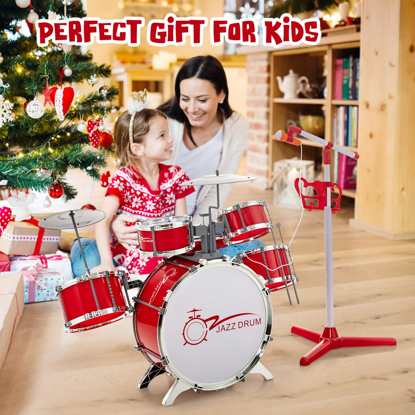 Jazz Drum Musical Instrument Set with Stool and Microphone Stand Ideal for Kids Birthday or Others Occasions