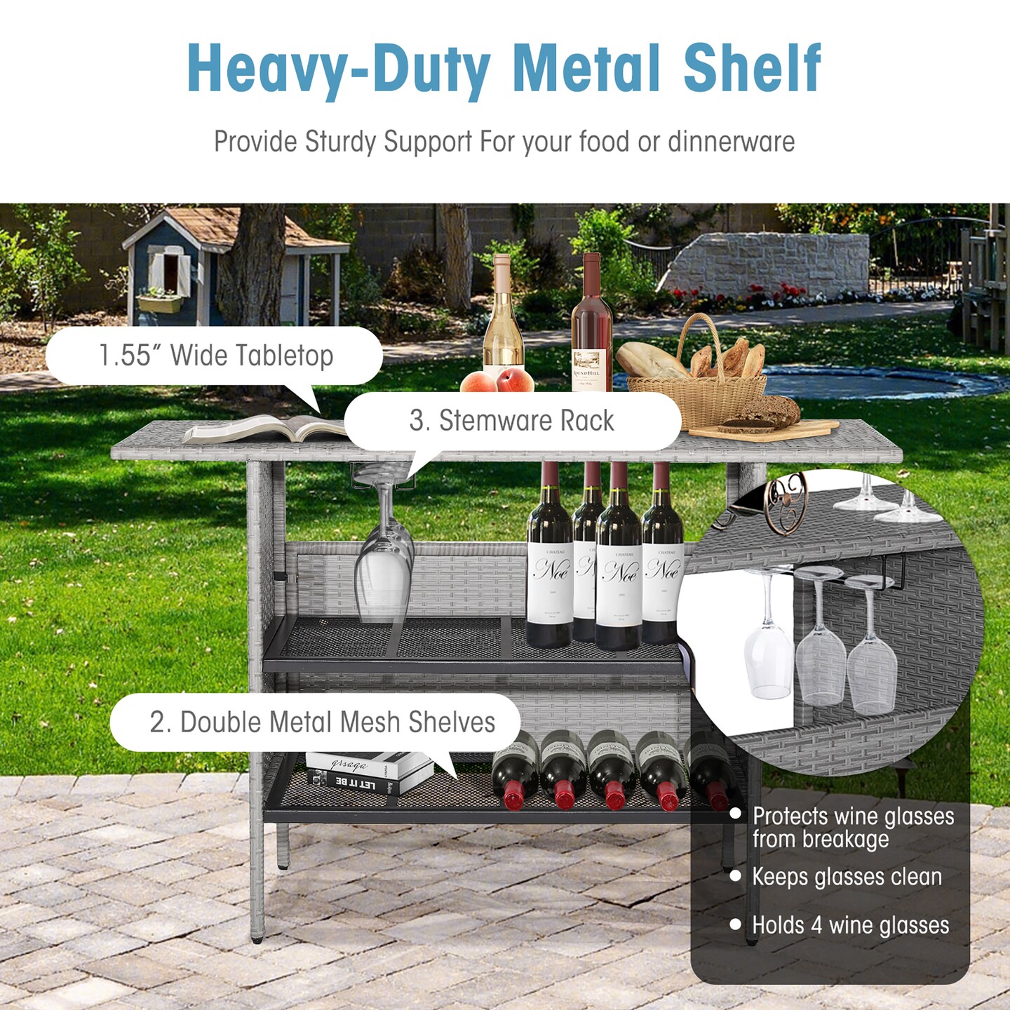 Costway Patio Rattan Wicker Bar Height Counter Table Storage Shelf Rail Garden Mix Gray