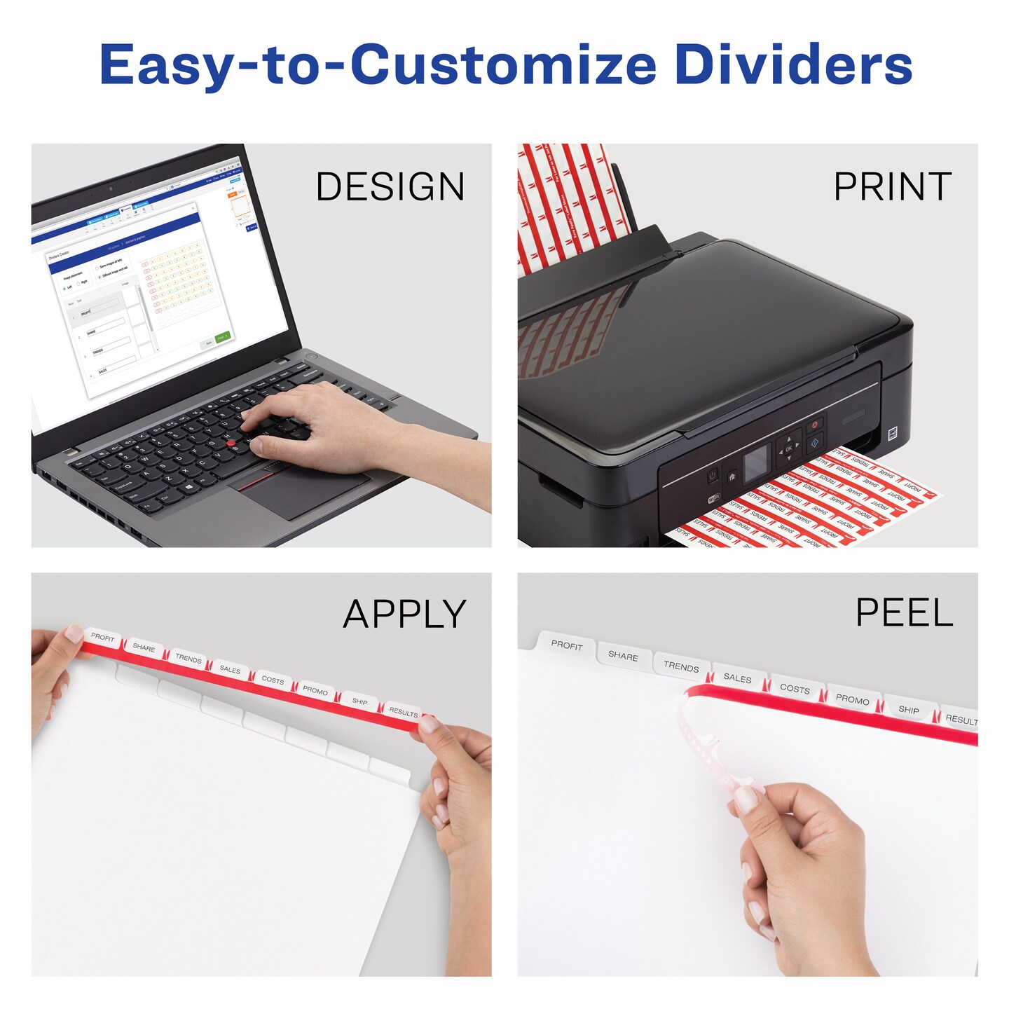 Avery 8 Tab Plastic Dividers for 3 Ring Binder, Easy Print &#x26; Apply Clear Label Strip, Index Maker Customizable Frosted White Tabs, 5 Sets (12450)
