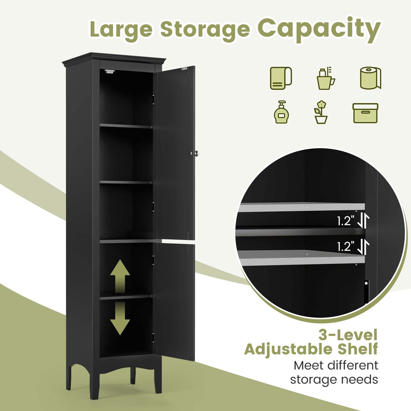 Costway Tall Bathroom Floor Cabinet Narrow Linen Tower with 2 Doors & Adjustable Shelf Black/Coffee/Grey