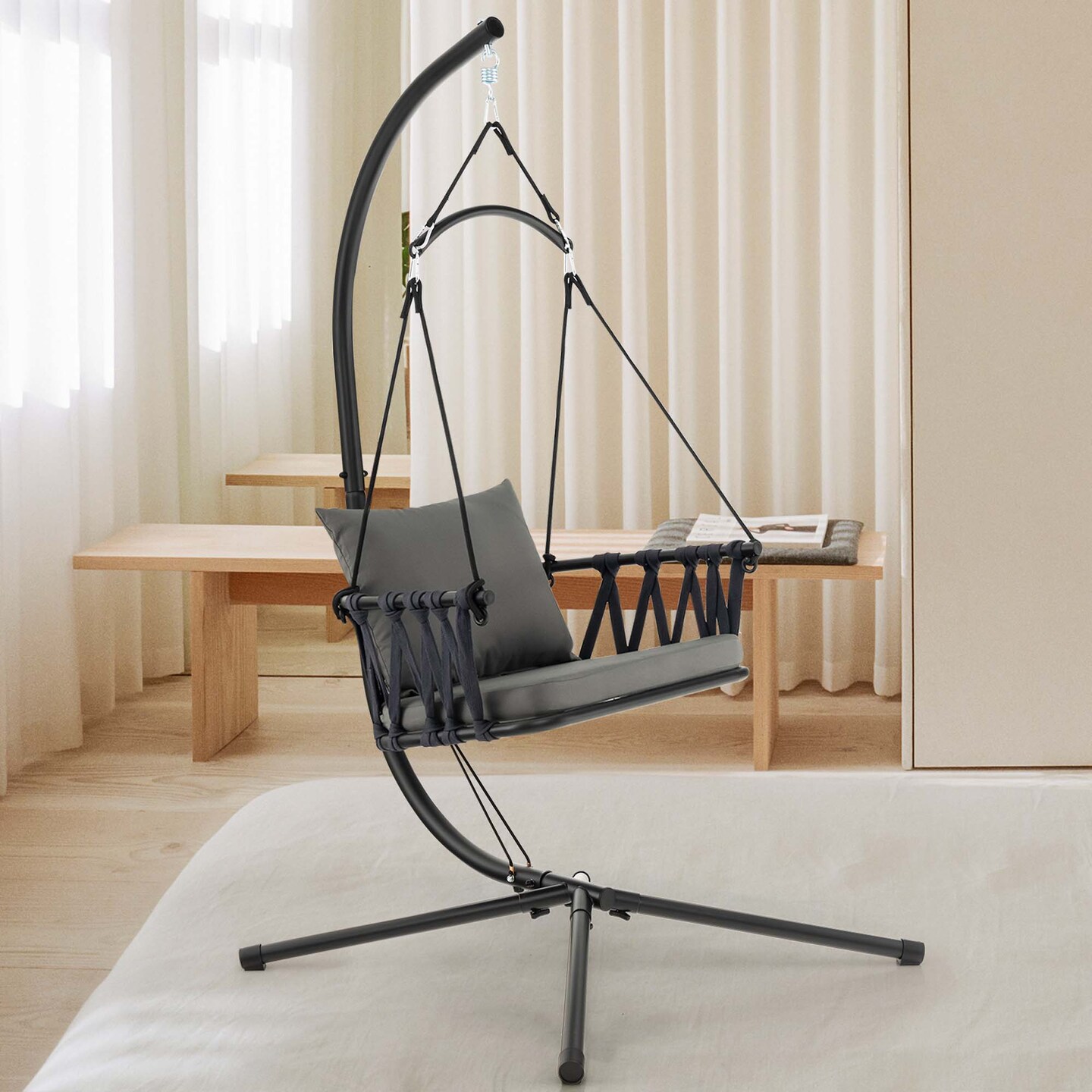 Costway Hanging Swing Hammock Chair with Stand Metal Frame Woven Backrest Seat Cushions