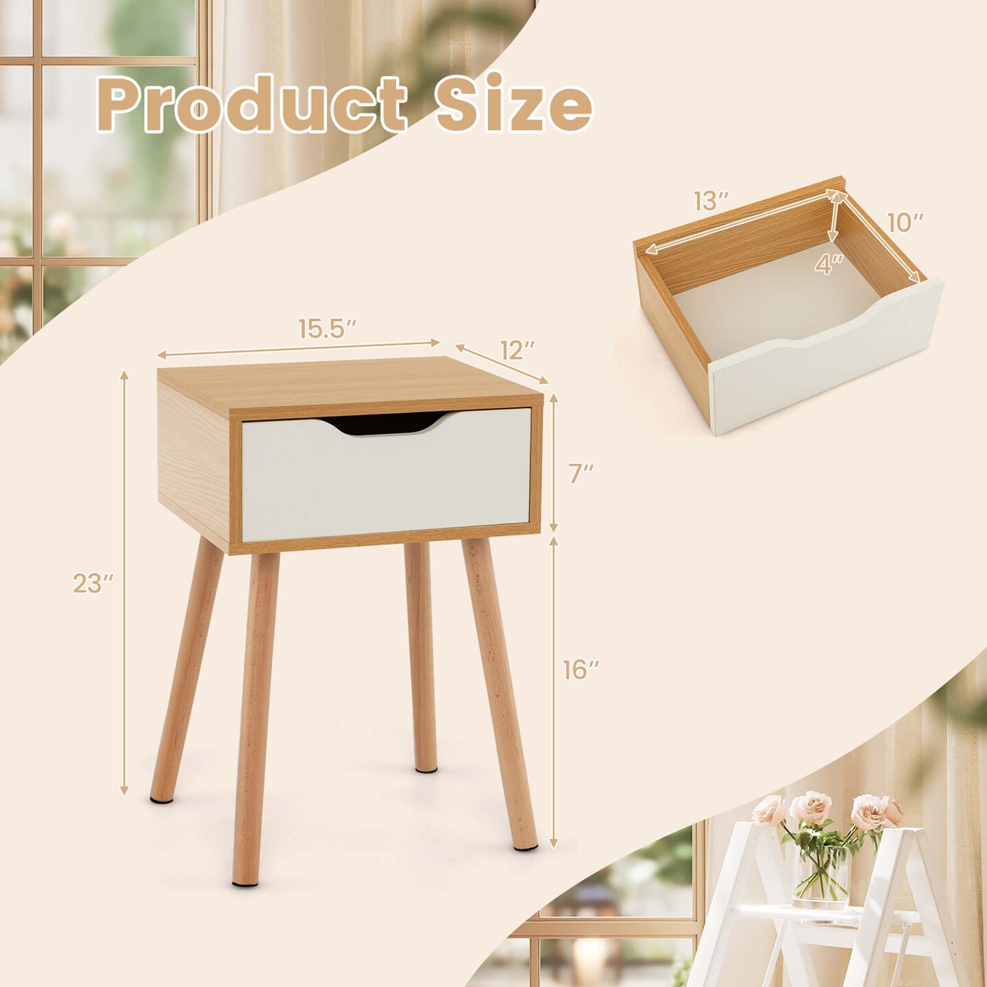 Costway Nightstand End Side Sofa Table Storage Drawer Living Room with Solid Wood Leg