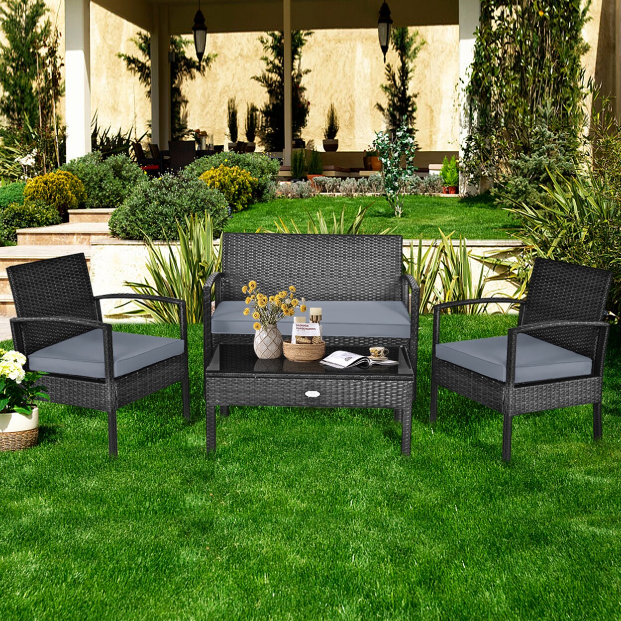 Patio Garden 4Pc Rattan Wicker Furniture Set Black