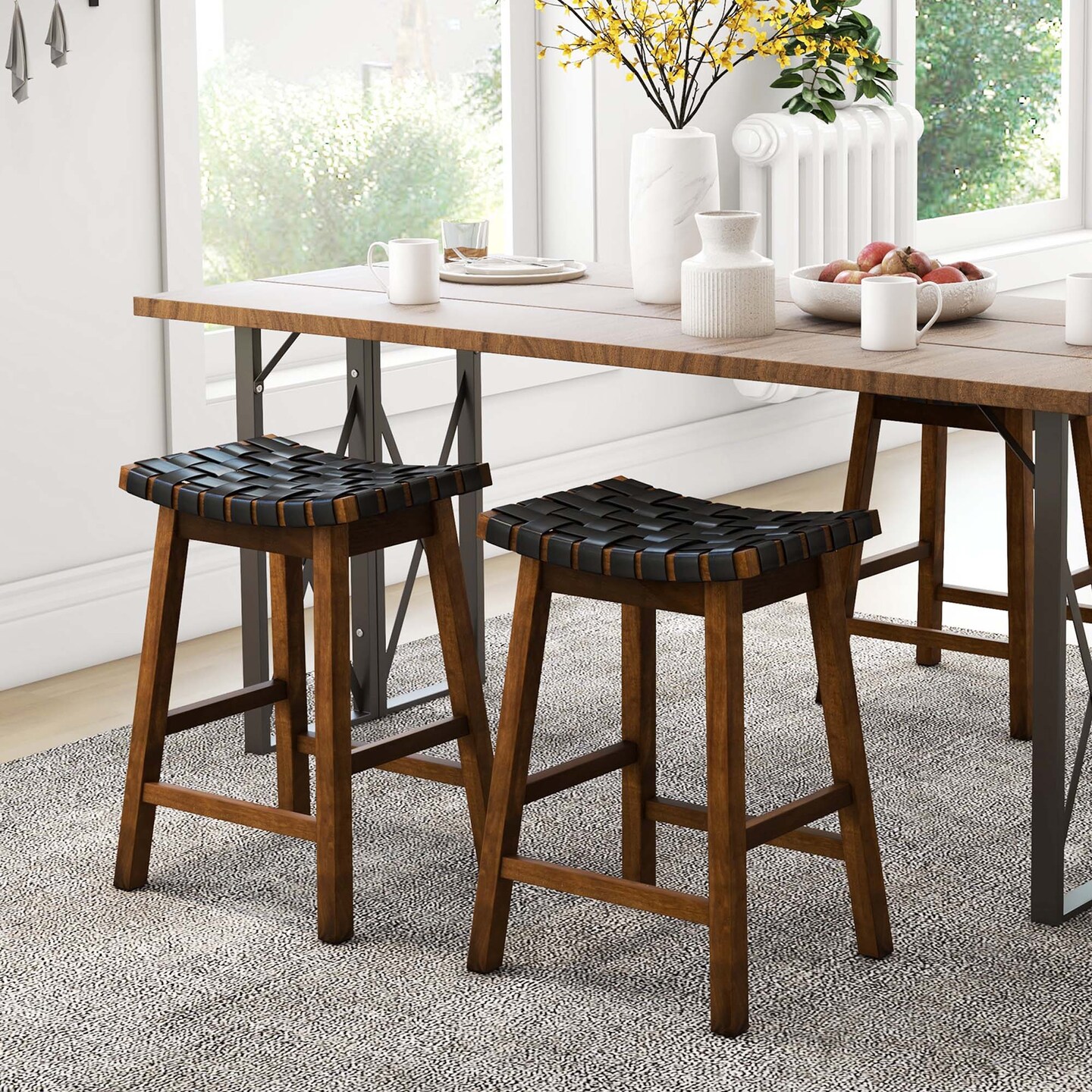 Costway Woven Saddle Stools Set of 2 Faux PU Leather Counter Height Kitchen Stool